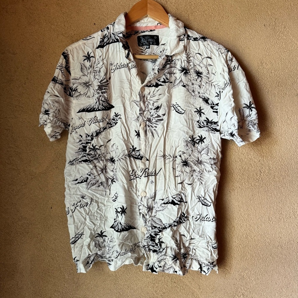 Black and White Casual Button Down Shirt with Graphic Design